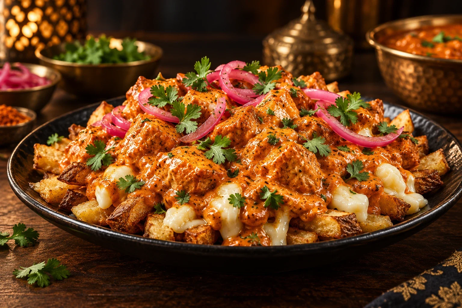 Butter chicken poutine: fries and cheese curds under butter chicken gravy with pickled onion and cilantro