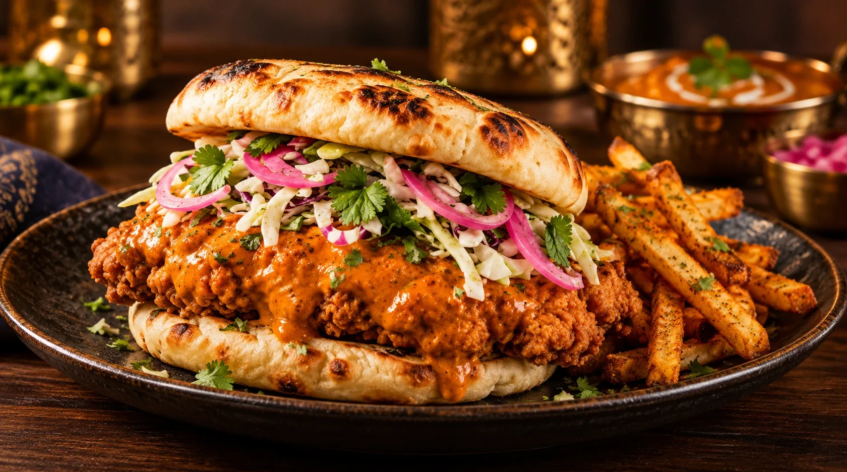 The Makhani Crunch: crispy fried chicken in butter chicken masala with slaw and pickled onion, with masala fries
